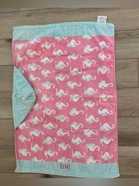Pottery Barn Kids Pink Seahorse hooded bath towel personalized w/name “REMI”